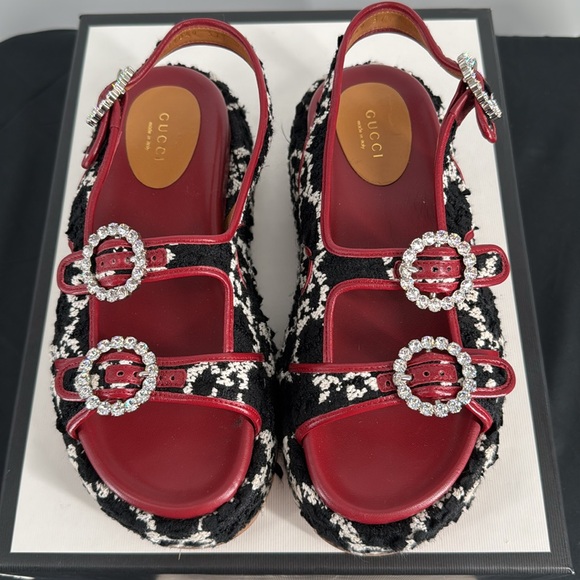 Gucci Black & White Tweed Red Leather Crystal Buckle Platform Sandals SZ 37.5 - Picture 2 of 10